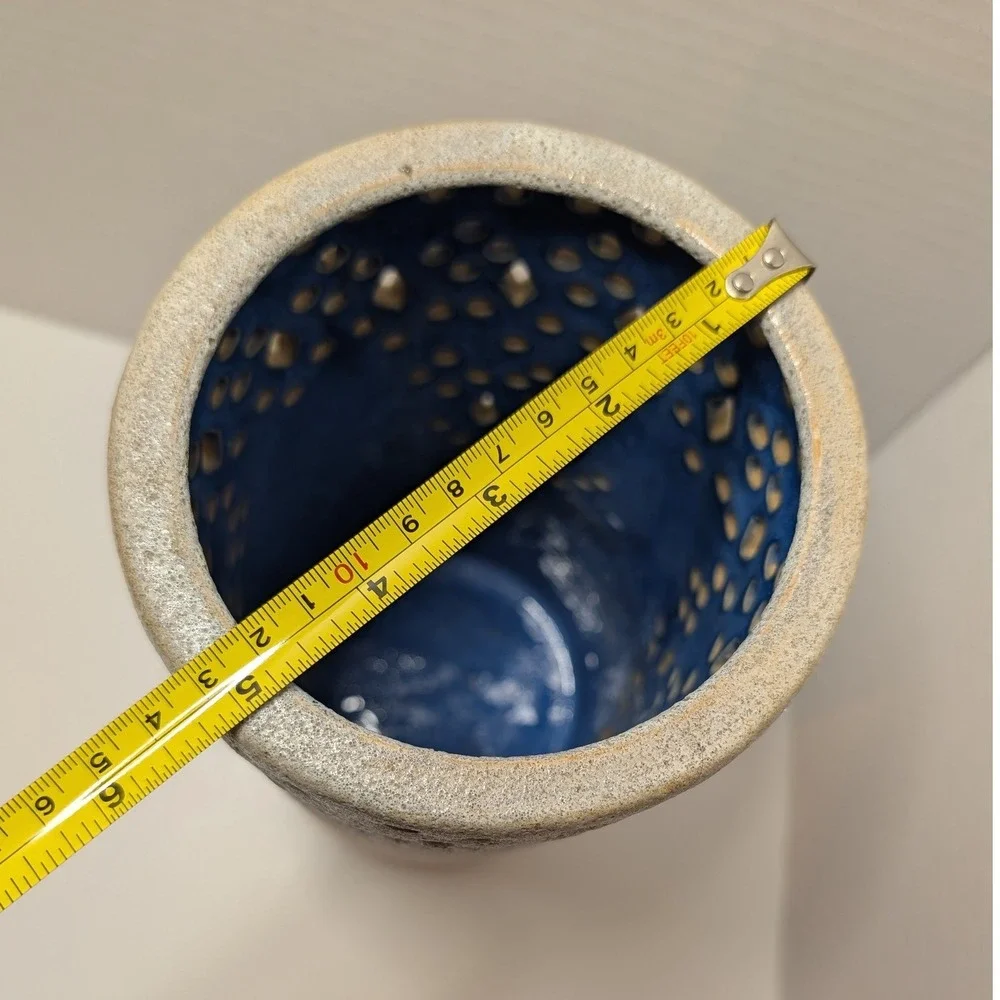 Anthropologie Ceramic Perforated Vase Lantern Candle‎ Holder Blue Cream Glaze